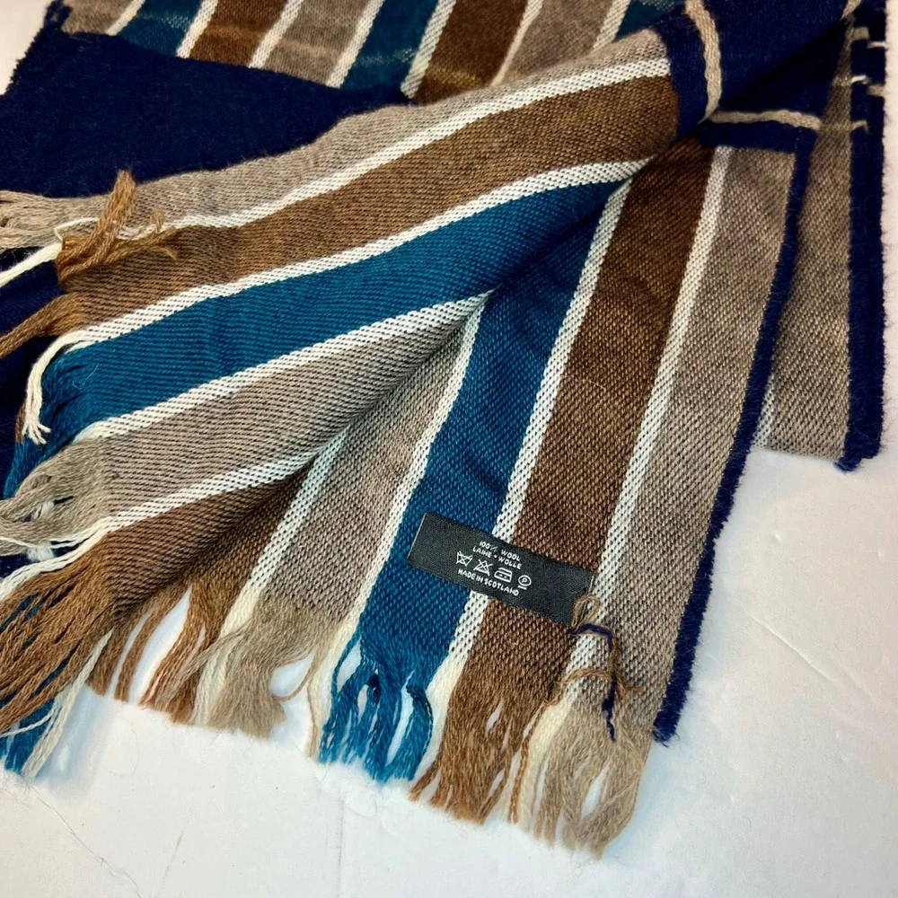 Striped Multicolor Wool Scarf Made in Scotland Striped Brown Blue‎ Cream